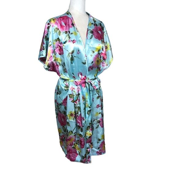 LA Intimates Robe Womens Size 1X Blue Pink Cottagecore Kimono Wrap Silky New - Picture 7 of 8